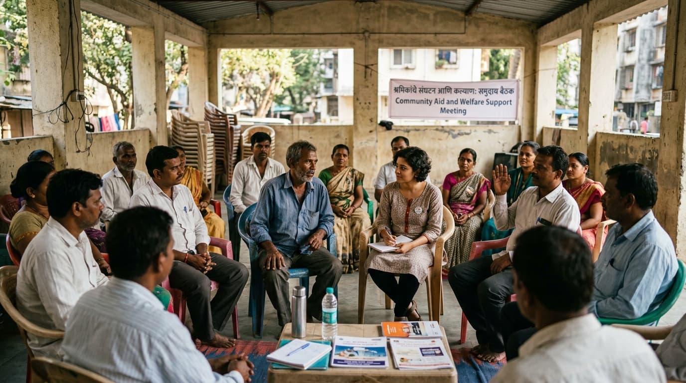 Migrant worker community assembly discussing welfare in Mumbai