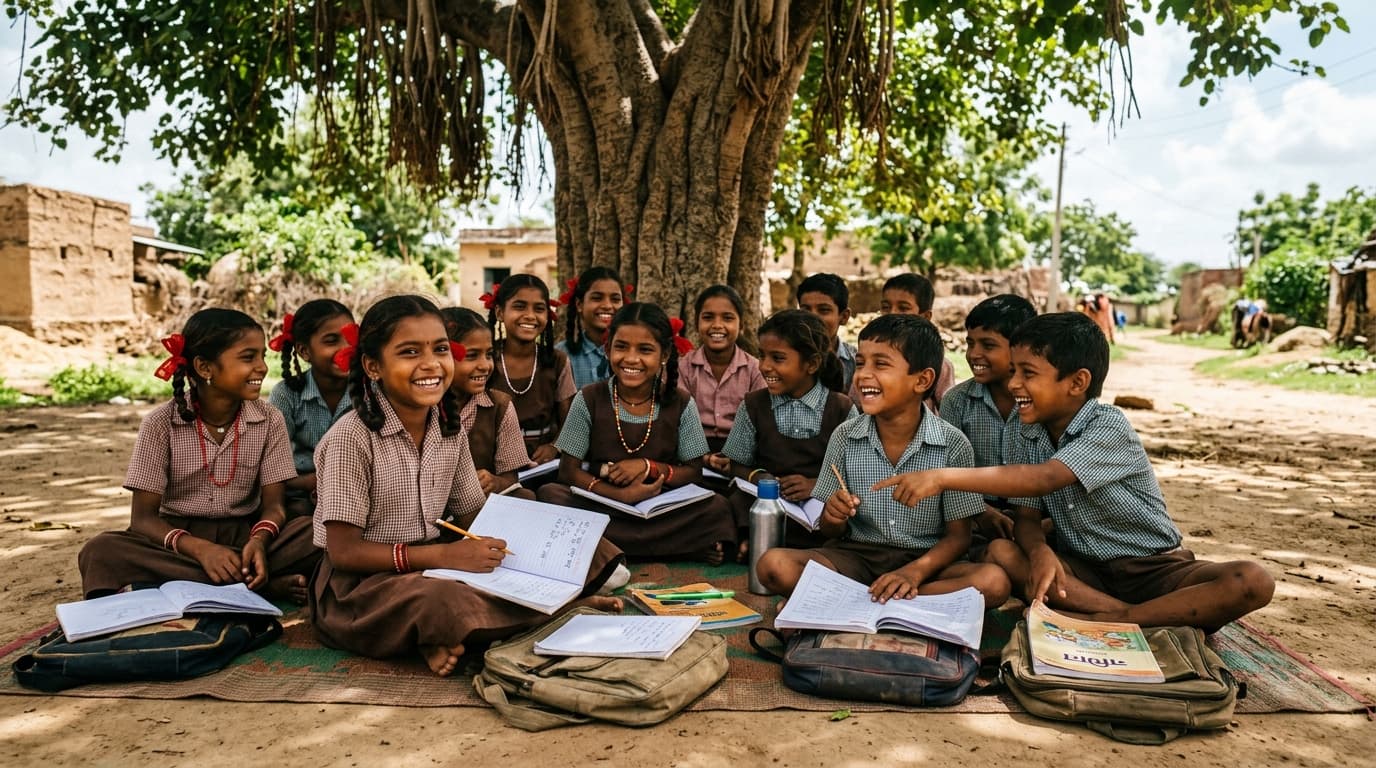 Underprivileged children joyfully learning together outdoors