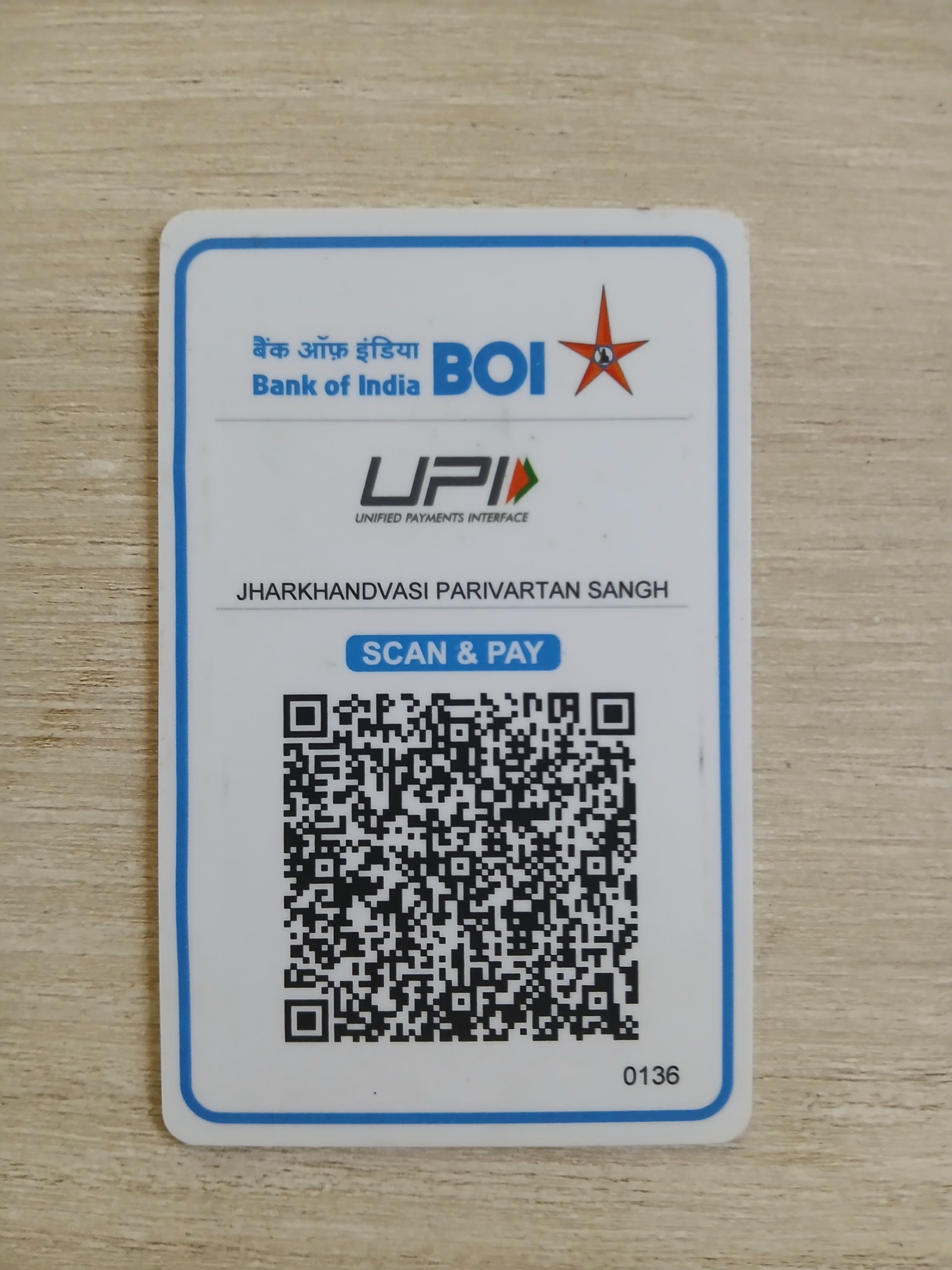 Official Bank of India (BOI) UPI QR Code - Jharkhandvasi Parivartan Sangh