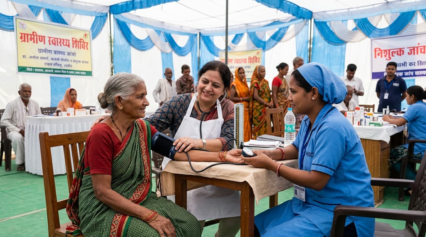 Doctor providing compassionate checkup to elderly citizen in health camp