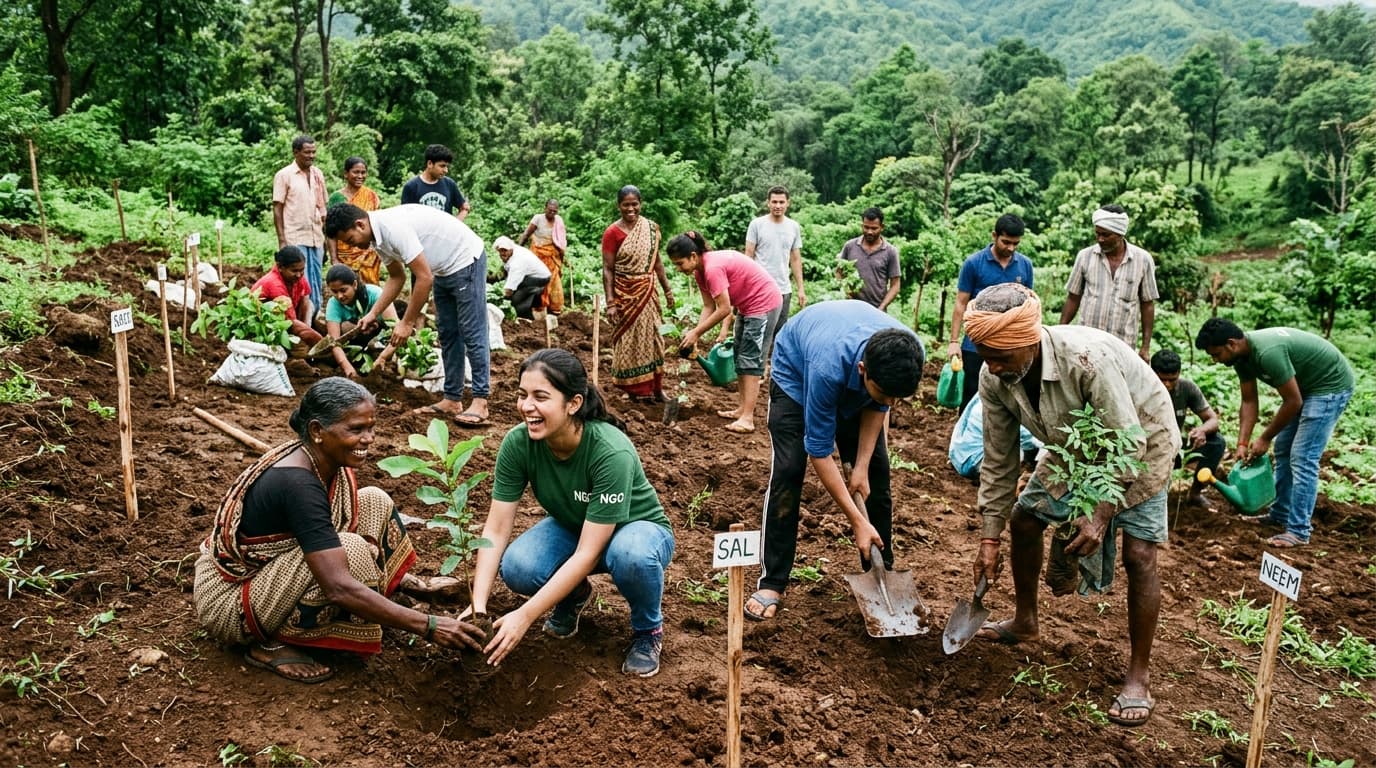 Native Sal trees and soil restoration nature backdrop