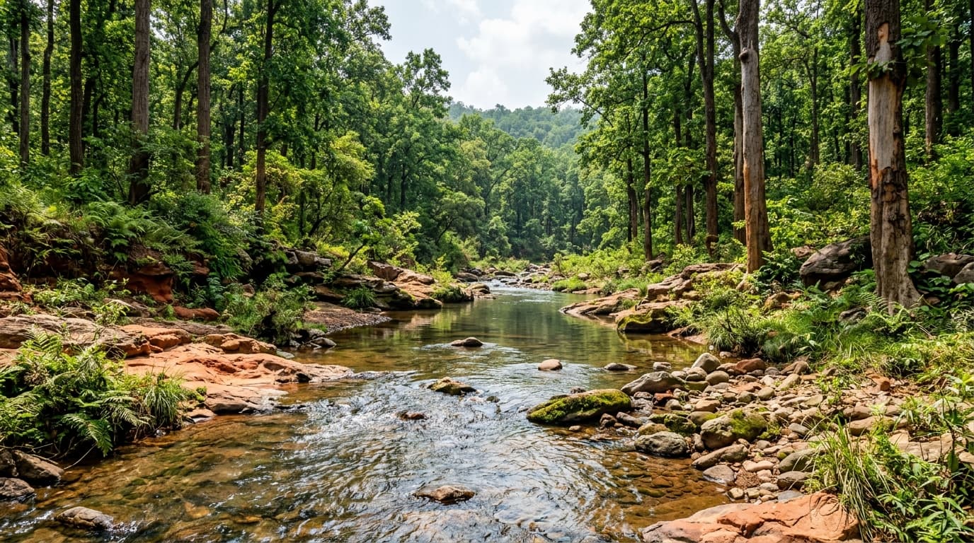 Pristine forest river with clean flowing water in Jharkhand